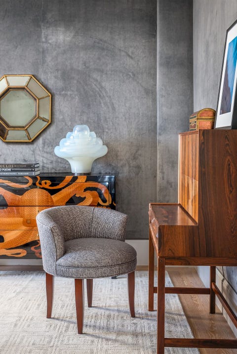grey room with velvet walls