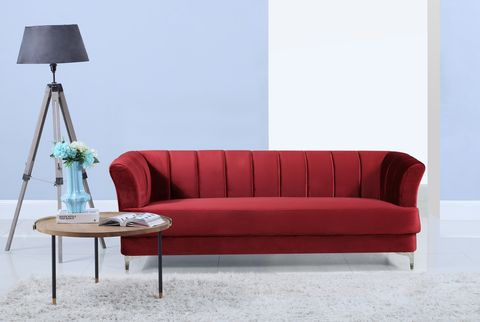 Furniture, Couch, Sofa bed, Red, studio couch, Living room, Room, Table, Interior design, Futon, 