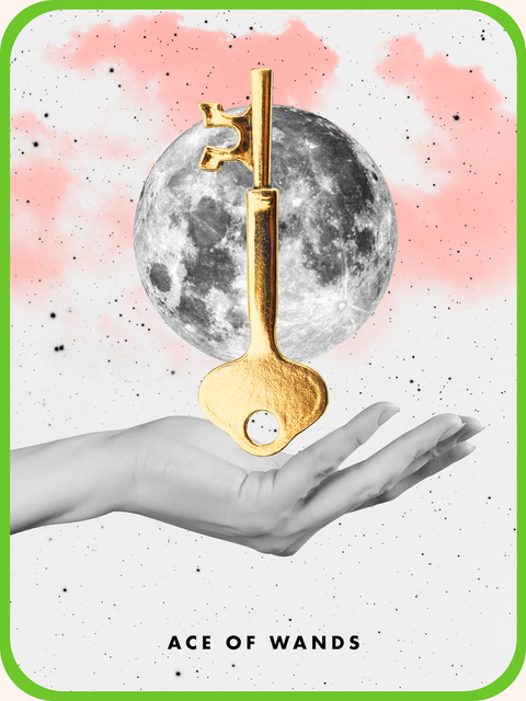 the ace of wands tarot card, showing a black and white hand holding a golden key above a full moon