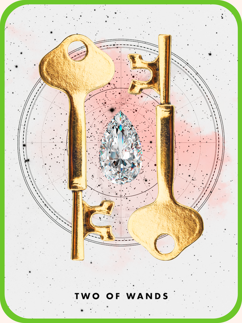 the tarot card the two wands, showing two golden keys on a pink sky and a diamond