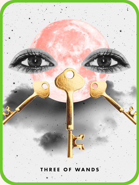 the Three Wands tarot card, showing three golden keys under a pair of eyes