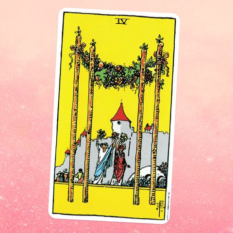 the four of wands tarot card, showing two people in robes holding up branches or flowers in front of a castle four wooden staffs stand in front of them, holding up a garland of greenery