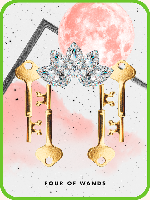 the Four Wands tarot card, showing four golden keys on a white background near some diamonds and a pink full moon