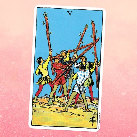 the five of wands tarot card, showing five people holding wooden sticks, fighting against each other