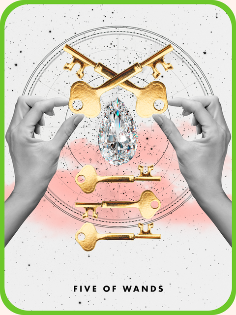 Five Wands-Cosmo Tarot Cards Cosmo Tarot Card Shows 5 wands, 5 keys placed between 2 hands