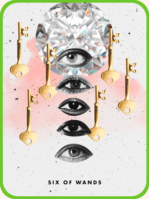 Six of Ones Tarot Card The tarot card is a six wand with six golden keys floating in the air next to five black and white eye cutouts.