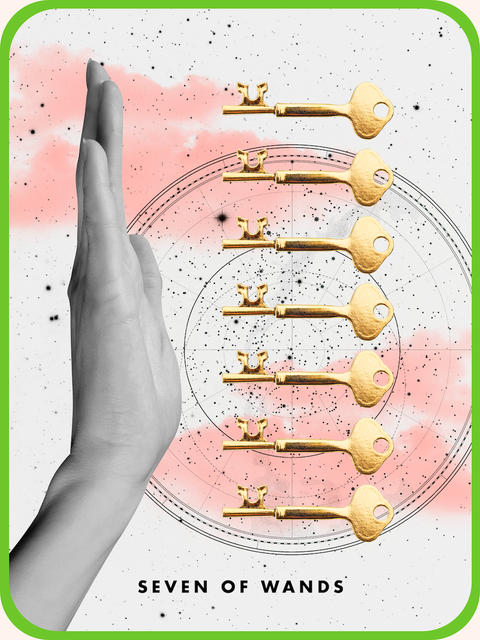 the tarot card the Seven of Wands, showing an outstretched hand near seven golden keys