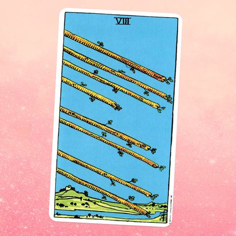 the Eight of Wands tarot card, showing eight wooden rods in the air