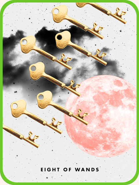 the Eight of Wands tarot card, showing eight golden keys floating in the sky above a moon