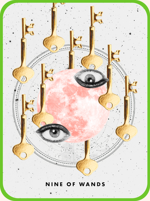 the tarot card the Nine of Wands, showing nine golden keys surrounding a moon and eyes