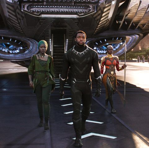 Marvel Studios' BLACK PANTHER..L to R: Nakia (Lupita Nyong'o), T'Challa/Black Panther (Chadwick Boseman) and Okoye (Danai Gurira)..Ph: Film Frame..©Marvel Studios 2018