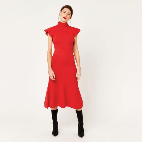 Clothing, Dress, Shoulder, Red, Sleeve, Neck, Day dress, Joint, Collar, Fashion model, 