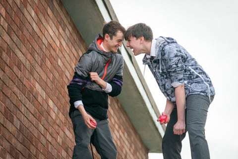Dean Weaver and Noel McManus, Waterloo Road Dean Weaver and Noel McManus Standing Against the Wall Laughing at Waterloo Road, Ban 0001 Fri Sept 25