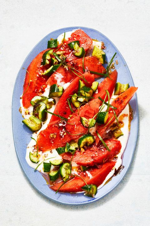 watermelon salad with feta on a blue plate