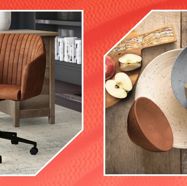 brown swivel task chair and speckled dinnerware set