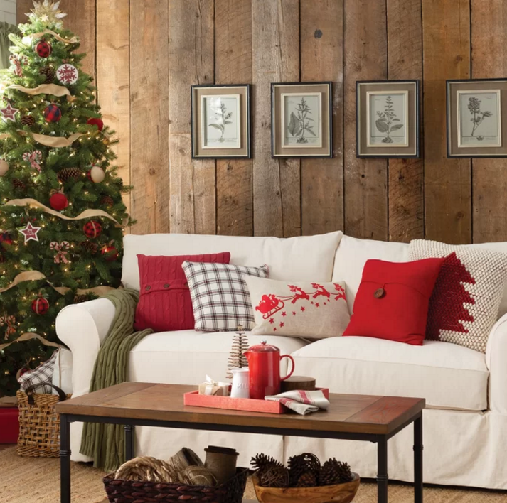 Holiday decor and a cream sofa from Wayfair