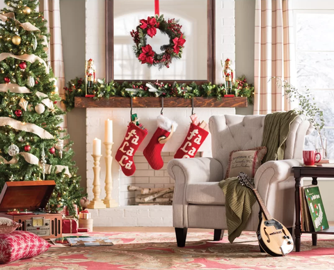 Christmas decoration, Christmas stocking, Room, Furniture, Living room, Christmas tree, Christmas, Interior design, Home, Christmas ornament, 