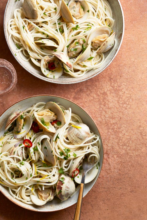 clams, chile, and lemon with quinoa spaghetti, pasta