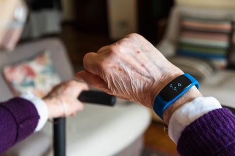 Elderly woman hand and detail of the smartwatch detail of the smart watch