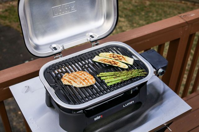 small electric grill cooking chicken, asparagus and zucchini
