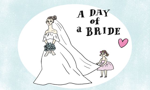 ウエディングドレス姿の花嫁とベールをもつ女の子のイラスト