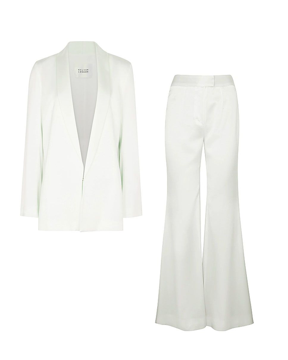 white satin pant suit