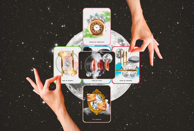 two hands are placed over a tarot card spread over a full moon