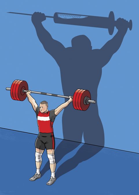 Weightlifter shadowing a syringe barbell