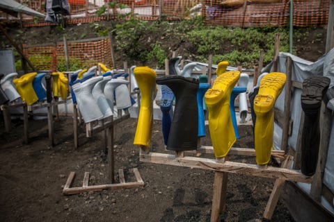 Wellies at an Ebola treatment centre in Goma,
 DR Congo is...