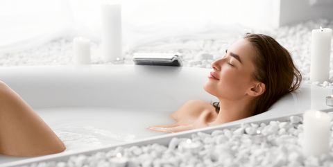 Wellness And Relax Concept. Woman Resting In Bath