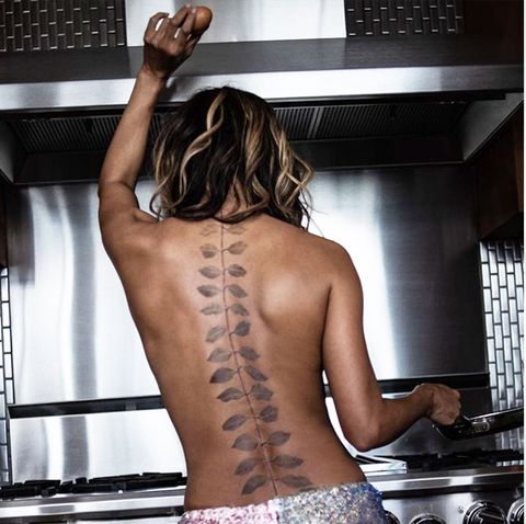 side by side images of halle berry cooking eggs on the stove topless and a plate of chicken with vegetables