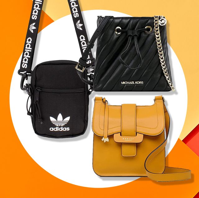 three crossbody bags, one black and silver quilted leather michael kors, one adidas black and white bag, and one brown leather crossbody bag