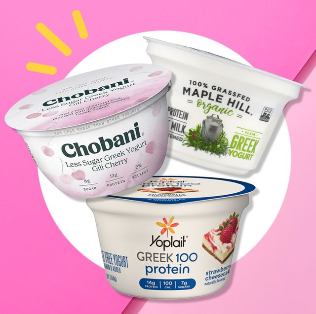 three popular greek yogurts on pink background