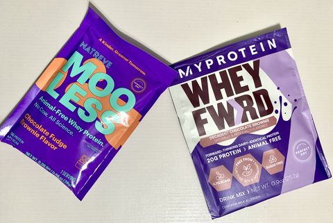 mooless and myprotein whey forward packets next to each other