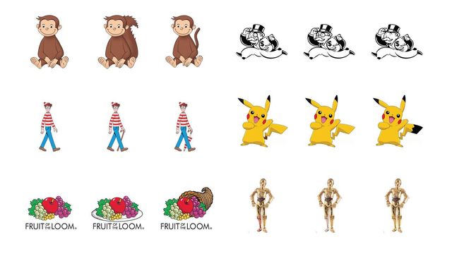 clockwise from top right mr monopoly, pikachu, c 3po, fruit of the loom logo, waldo, curious george