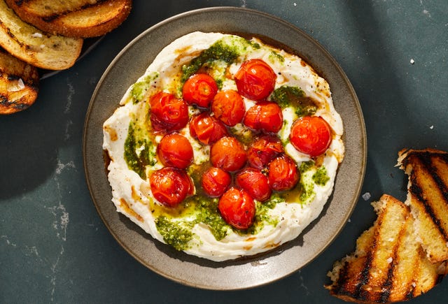 whipped mozzarella dip with burst cherry tomatoes
