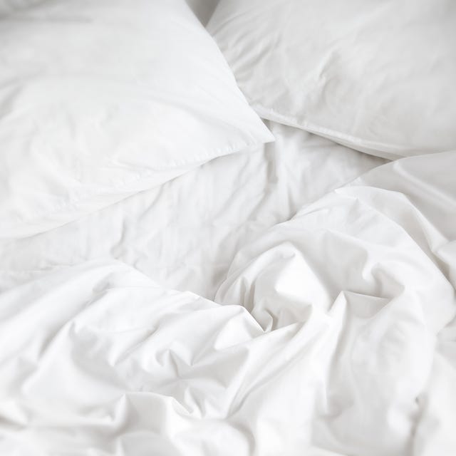 White Bed Sheets a top view of a messy bed and two pillows