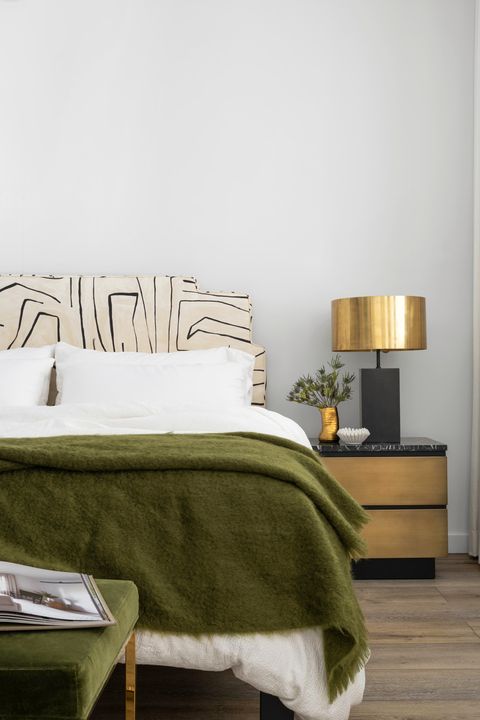 alison victoria home tour  primary bedroom  gold and olive green give the  bedroom an elegant yet calming  atmosphere