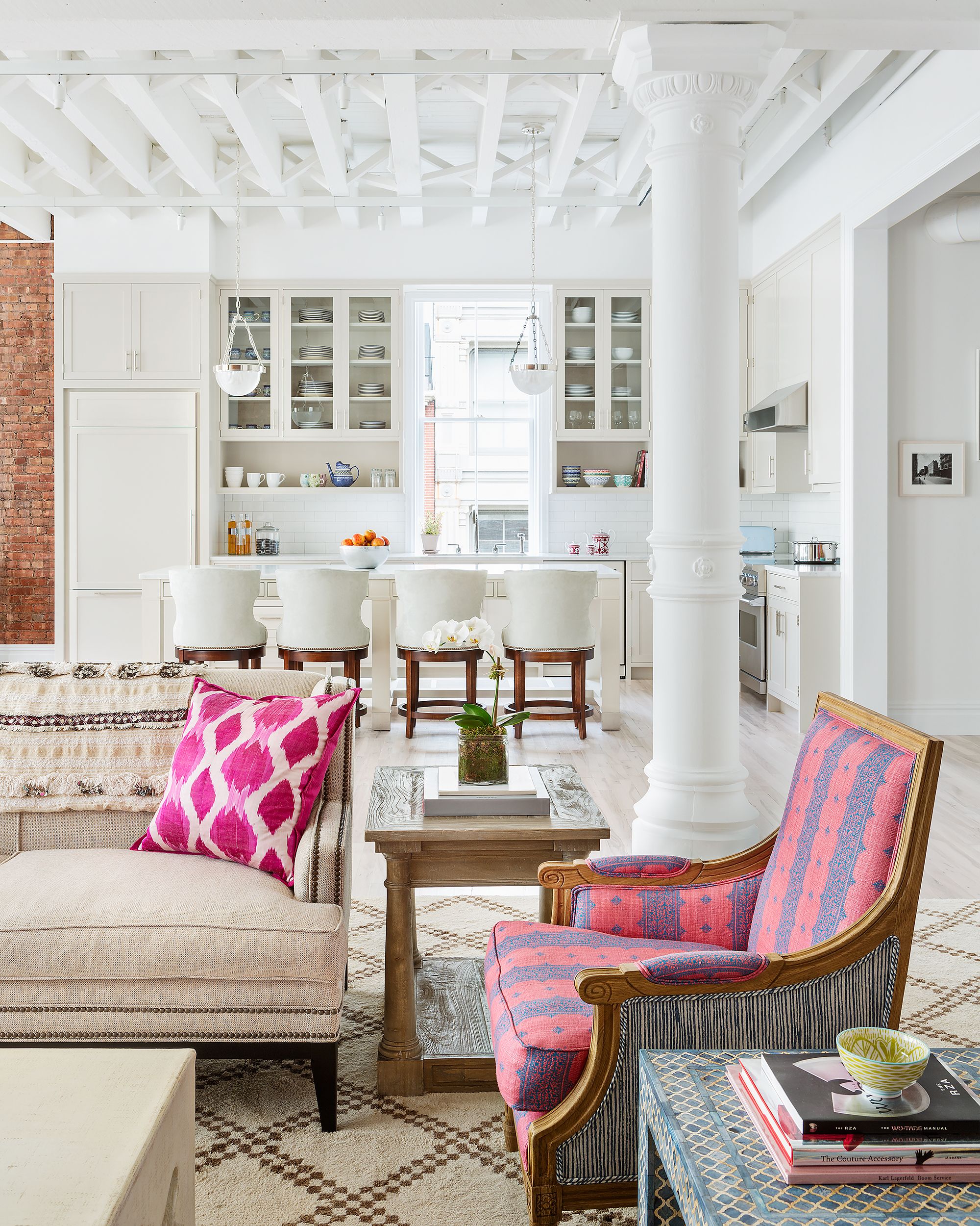 pink and off white living room