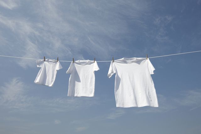 white t shirts in a row on washing line