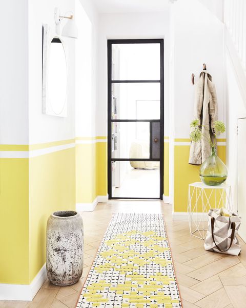 welcoming white and yellow hallway decorating scheme