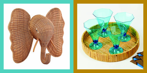 Wicker elephant head and wicker tray with blue cups