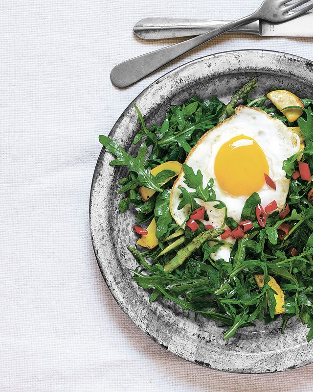 wild arugula with summer squash, asparagus, and a fried egg