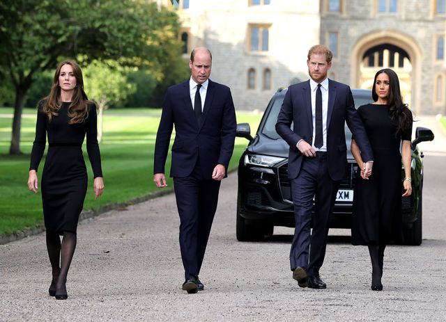 windsor, england   september 10 catherine, princess of wales, prince william, prince of wales, prince harry, duke of sussex, and meghan, duchess of sussex on the long walk at windsor castle arrive to view flowers and tributes to hm queen elizabeth on september 10, 2022 in windsor, england crowds have gathered and tributes left at the gates of windsor castle to queen elizabeth ii, who died at balmoral castle on 8 september, 2022 photo by chris jacksongetty images