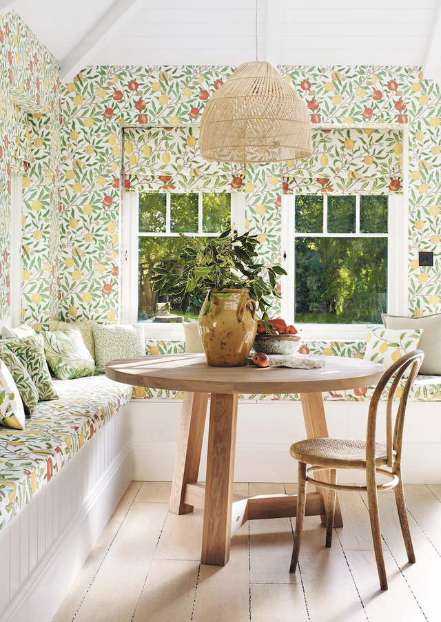 bright room with patterned wallpaper