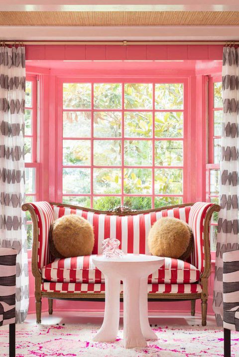 Pink, Furniture, Room, Living room, Interior design, Curtain, Red, Window covering, Window treatment, Property, 