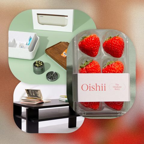 cubbi weed bento box, oishii strawberries, and russet coffee table