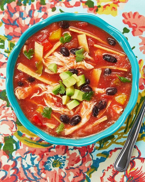chicken tortilla soup overhead with floral background