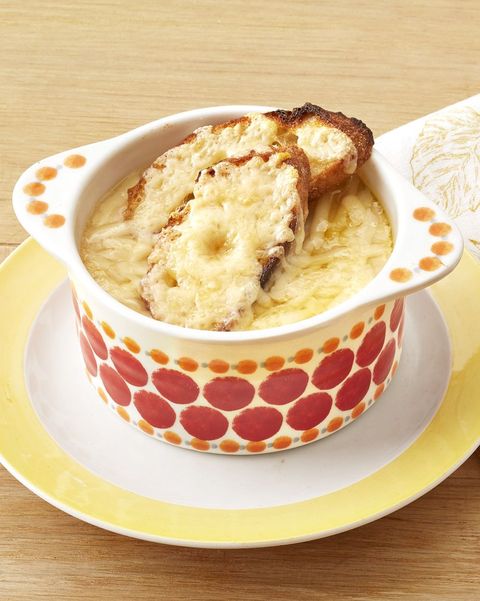 french onion potato soup in red polka dot ramekin