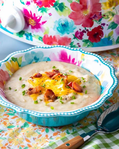 slow cooker potato soup with floral slow cooker